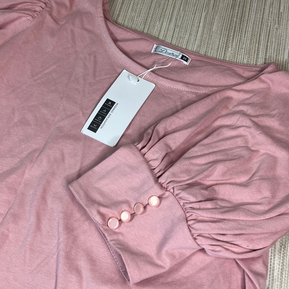 NWT‎ Dorose Pink Puff Sleeve Button Cuff Knit Top Women M Cotton Preppy Boutique